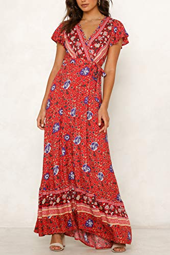 Vestido Mujer Bohemio Largo Verano Playa Fiesta Floral Manga Corta Cuello en V Talla Split Wrap Maxi Vestidos 3 M