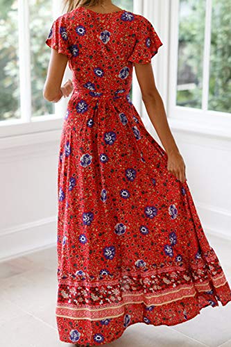 Vestido Mujer Bohemio Largo Verano Playa Fiesta Floral Manga Corta Cuello en V Talla Split Wrap Maxi Vestidos 3 M