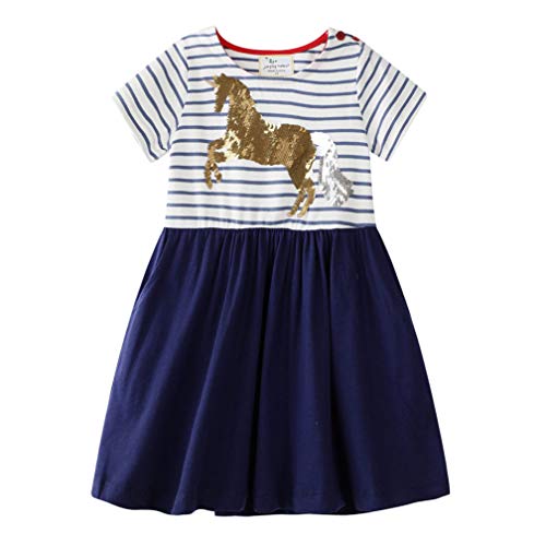 Vestido para niña de algodón, manga corta/larga, informal, estampado informal, 1-7 años azul 2-3 Años