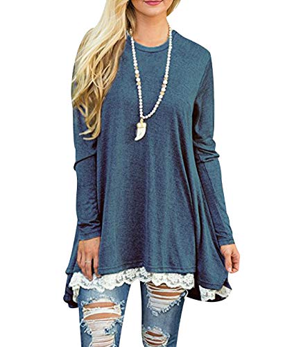 Vestido Tunica Camisetas Manga Larga Mujer Oversize Largas Camiseta Encaje Lisas Basica Tops Playeras Anchas Jersey Camisa Blusa Túnica Tunicas Poleras Camisas Blusas Tallas Grandes Casual Azul 2XL