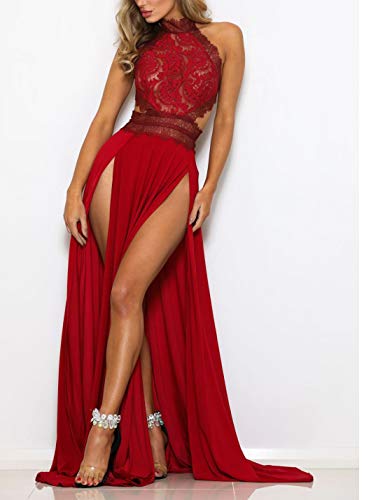 Vestidos De Graduación Largos Sin Mangas De Encaje Sin Espalda Alta Raja Maxi Vestido Rojo M