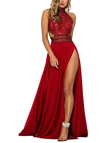 Vestidos De Graduación Largos Sin Mangas De Encaje Sin Espalda Alta Raja Maxi Vestido Rojo M