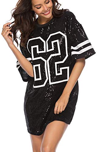 Vestidos Mujer Camiseta Vestido Casual Lentejuelas Verano Vestido Manga Corta Club Mini Vestidos de Fiesta Black S