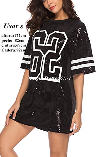 Vestidos Mujer Camiseta Vestido Casual Lentejuelas Verano Vestido Manga Corta Club Mini Vestidos de Fiesta Black S