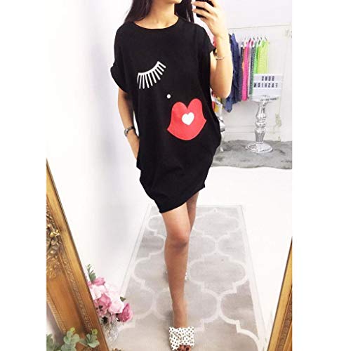 Vestidos Sexy Casuales De Verano URIBAKY * Mujeres Cuello Redondo Manga Corta Elegante Vestido Recto Camiseta PestañAs Y Labios Impresos Vestido De Playa Vestido Midi De CóCtel