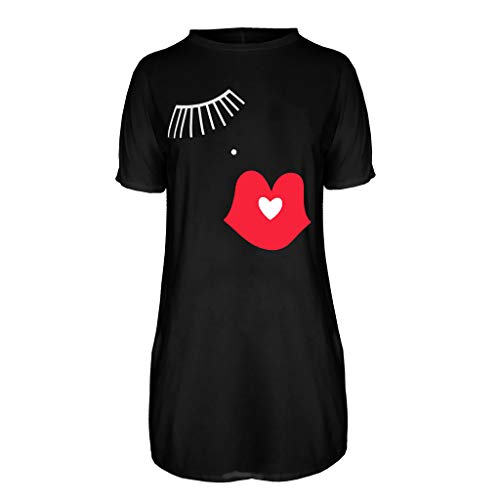 Vestidos Sexy Casuales De Verano URIBAKY * Mujeres Cuello Redondo Manga Corta Elegante Vestido Recto Camiseta PestañAs Y Labios Impresos Vestido De Playa Vestido Midi De CóCtel