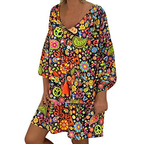 Vestidos Verano Mujer Tallas Grandes Vestido Floral Boho Vestidos Manga Larga Midi Vestidos Playeros Cómodo Vestido Sueltas Suave Transpirable Casual Vestidos Informales Elegantes(Negro,XL)