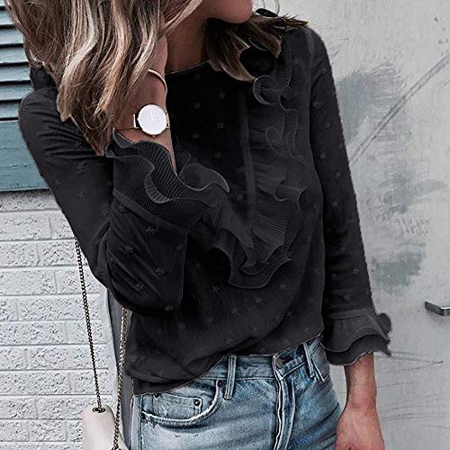 VJGOAL Moda Mujer Casual Encaje Sexy Lunares O Cuello Dulce Volante Camiseta Manga Larga Tops Blusa (S, X-Negro)