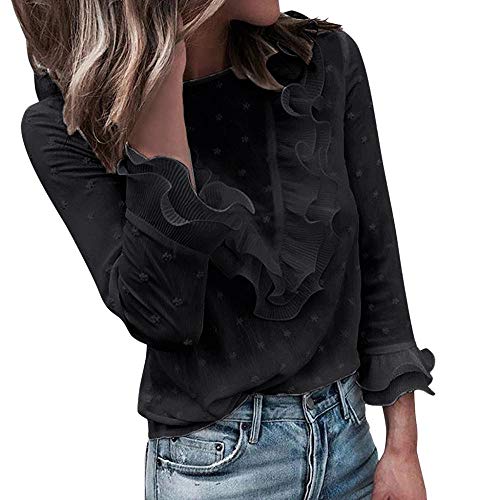 VJGOAL Moda Mujer Casual Encaje Sexy Lunares O Cuello Dulce Volante Camiseta Manga Larga Tops Blusa (S, X-Negro)