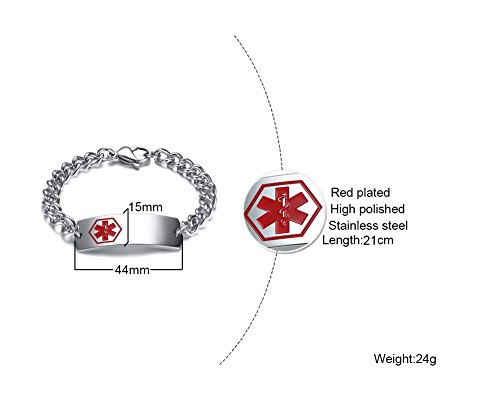 VNOX Acero Inoxidable Alerta Medica Caduceo Personalizado Etiqueta de Identificacion Referencia Pulsera para Hombres Mujeres,Grabado Libre