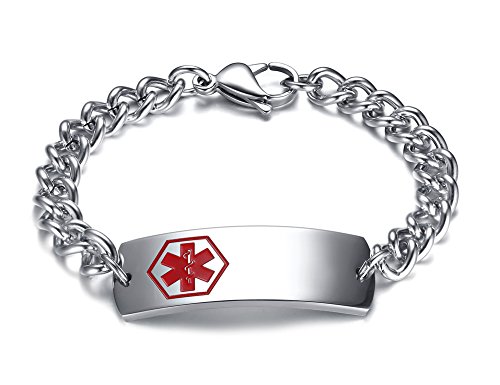 VNOX Acero Inoxidable Alerta Medica Caduceo Personalizado Etiqueta de Identificacion Referencia Pulsera para Hombres Mujeres,Grabado Libre