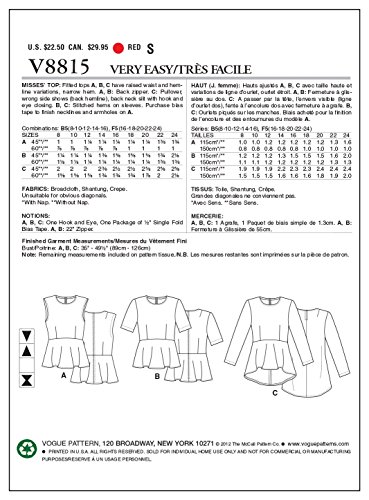 VOGUE PATTERNS V8815 - Patrones de Costura para Blusas de Mujer (Tallas 36 a 44)
