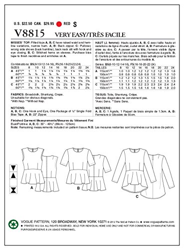 VOGUE PATTERNS V8815 - Patrones de Costura para Blusas de Mujer (Tallas 36 a 44)
