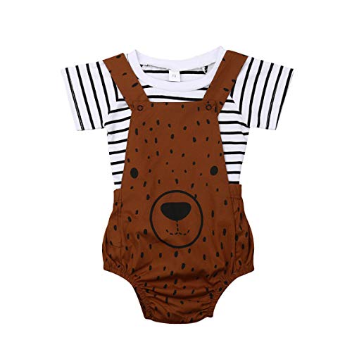 WangsCanis Conjunto de ropa de bebé unisex de 2 piezas, camiseta de manga larga a rayas + pelele con estampado de oso, 0 – 3 años Orso Marrone 0-6 Meses