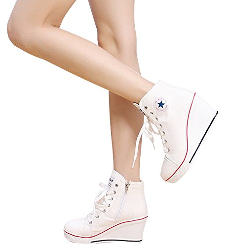 Wealsex Mujer Cuñas Zapatos De Lona High-Top Zapatos Casuales Encaje Talla Grande (Blanco,36)