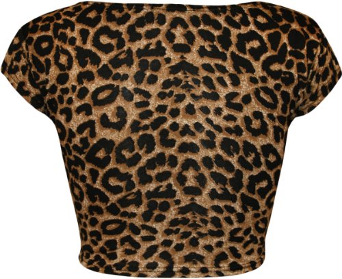 WearAll - Mujeres Stretch Camiseta Imprimir Corto Recortada Top - Marrón Leopardo - 36-38