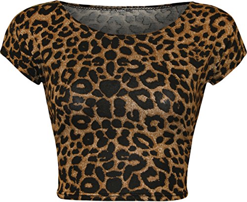 WearAll - Mujeres Stretch Camiseta Imprimir Corto Recortada Top - Marrón Leopardo - 36-38