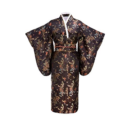 Without logo ZCPCS Vestido de Noche Negro japonés Tradicional de Las Mujeres de Seda del Kimono con Vintage del Funcionamiento del Traje de la Danza del Vestido de Cosplay Un tamaño