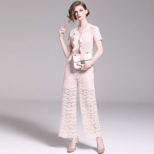 WYGH Mono Encaje para Mujeres Manga Corta y Cuello Redondo Mamelucos en General Elegantes Pantalones Largos y Delgados Idea para el Club de cócteles, Citas en la Noche de Bodas,Pink-M