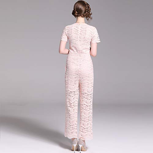 WYGH Mono Encaje para Mujeres Manga Corta y Cuello Redondo Mamelucos en General Elegantes Pantalones Largos y Delgados Idea para el Club de cócteles, Citas en la Noche de Bodas,Pink-M