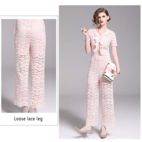 WYGH Mono Encaje para Mujeres Manga Corta y Cuello Redondo Mamelucos en General Elegantes Pantalones Largos y Delgados Idea para el Club de cócteles, Citas en la Noche de Bodas,Pink-M