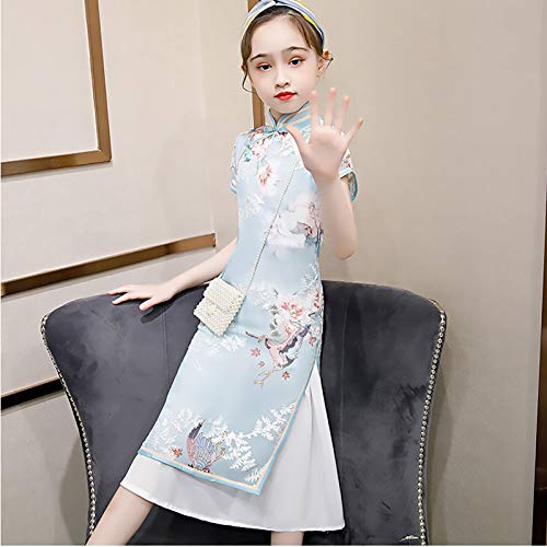 XYW Chicas Cheongsam - Falda otoño e Invierno Mejora Infantil Estilo Chino niña niña Grande niños Vestido Estilo Occidental (Color : Blue, Size : #110)