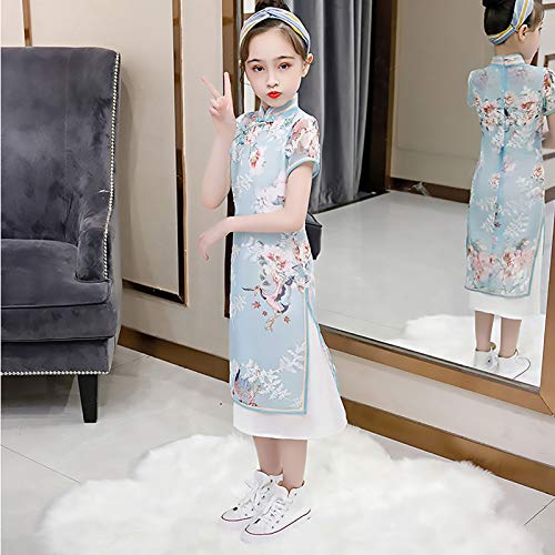 XYW Chicas Cheongsam - Falda otoño e Invierno Mejora Infantil Estilo Chino niña niña Grande niños Vestido Estilo Occidental (Color : Blue, Size : #110)
