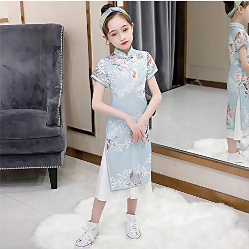 XYW Chicas Cheongsam - Falda otoño e Invierno Mejora Infantil Estilo Chino niña niña Grande niños Vestido Estilo Occidental (Color : Blue, Size : #110)