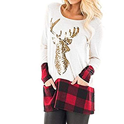 YANFANG Blusa para Mujer túnica Linda de Manga Larga Talla Grande Suelta con Dobladillo de Empalme a Cuadros de Navidad Blusa Tops pulóver a la Moda Sweatshirt Invierno