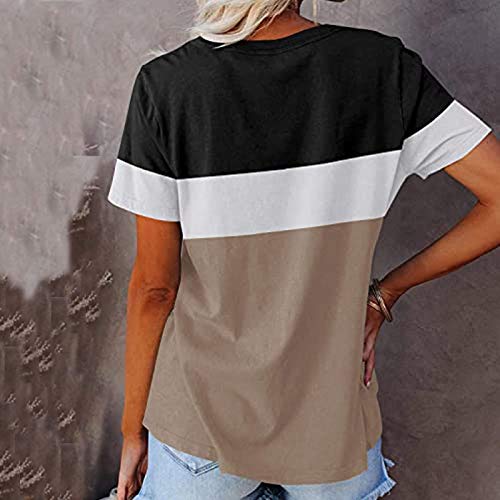 YANFANG Camiseta Holgada Mujer, Camisetas de Manga Corta para Mujer Color Block Túnicas de Cuello Redondo Tops Camisetas Casuales, XL,Khaki