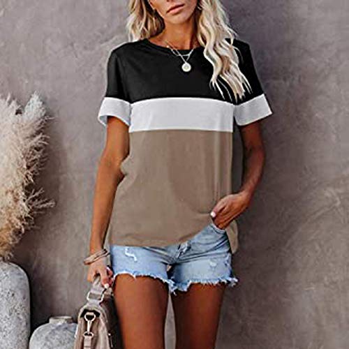 YANFANG Camiseta Holgada Mujer, Camisetas de Manga Corta para Mujer Color Block Túnicas de Cuello Redondo Tops Camisetas Casuales, XL,Khaki