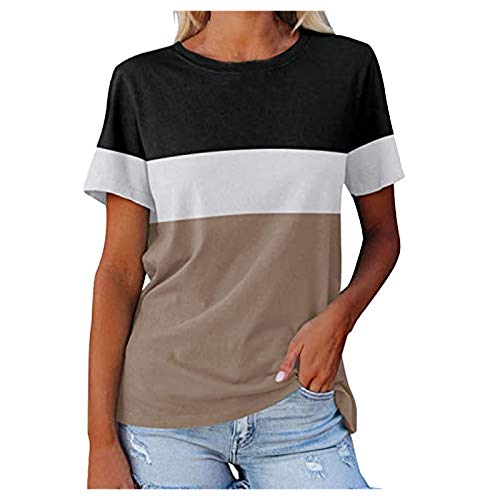 YANFANG Camiseta Holgada Mujer, Camisetas de Manga Corta para Mujer Color Block Túnicas de Cuello Redondo Tops Camisetas Casuales, XL,Khaki