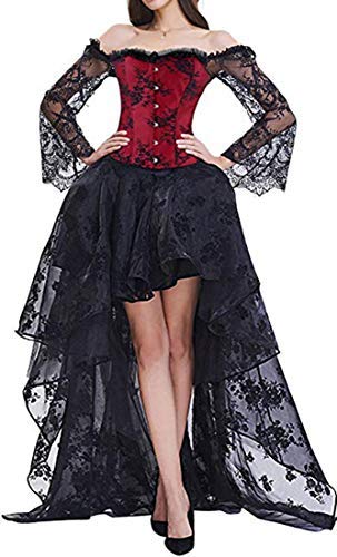 YINGKE Mujeres Deshuesado Corsé Gótico Halloween Vestido Clubwear Fiesta Traje (XL, Negro Rojo)