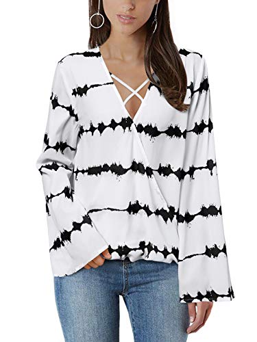 YOINS Blusa para Mujer de Raya Elegantes y Moda Camisa Manga Larga con Cuello en V Cruzado Tops Sexy con Manga Murciélago Negro EU 48