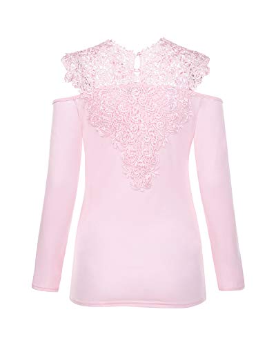 YOINS Blusa sexy con hombros descubiertos, camiseta de manga larga para mujer, blusa de encaje, moda patchwork, blusa tirolesa Sexy-rosa XL