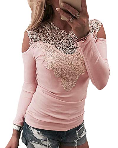 YOINS Blusa sexy con hombros descubiertos, camiseta de manga larga para mujer, blusa de encaje, moda patchwork, blusa tirolesa Sexy-rosa XL