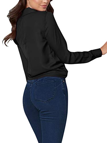 YOINS Camiseta Elegante para Mujer Blusa de Primavera de Manga Larga Sexy Tops Cruz de Seda con Cuello en V Color sólido Negro M