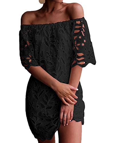 Yoins - Vestido corto de verano con hombros descubiertos, estampado floral, diseño de cintura alta con lazo