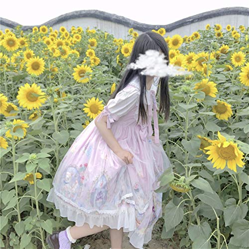Yuncheng Vestido de la Magdalena Lolita Vestido Lolita Dulce japonés Suave Hermana Lolita Gato Alta Cintura Malla Manga Corta Vestido para Chica Kawaii niña Verano (Color : Pink, Size : Medium)