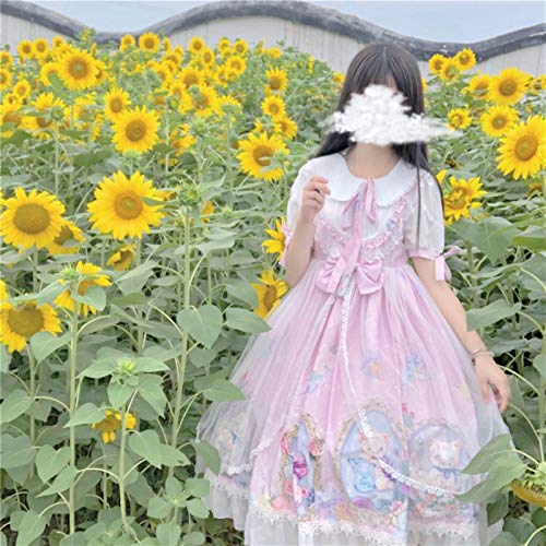 Yuncheng Vestido de la Magdalena Lolita Vestido Lolita Dulce japonés Suave Hermana Lolita Gato Alta Cintura Malla Manga Corta Vestido para Chica Kawaii niña Verano (Color : Pink, Size : Medium)