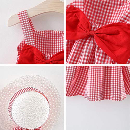 YWLINK 2PC Vestido De Verano Sin Mangas con Lazo Estampado A Cuadros para NiñAs+Sombrero De Paja Traje Falda Casual De Playa Vestido De Fiesta Regalo De CumpleañOs(Rojo,18-24 Meses)