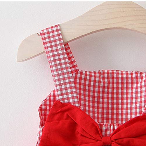 YWLINK 2PC Vestido De Verano Sin Mangas con Lazo Estampado A Cuadros para NiñAs+Sombrero De Paja Traje Falda Casual De Playa Vestido De Fiesta Regalo De CumpleañOs(Rojo,18-24 Meses)