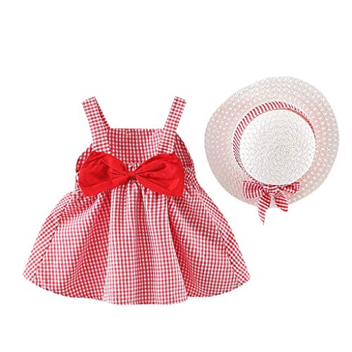 YWLINK 2PC Vestido De Verano Sin Mangas con Lazo Estampado A Cuadros para NiñAs+Sombrero De Paja Traje Falda Casual De Playa Vestido De Fiesta Regalo De CumpleañOs(Rojo,18-24 Meses)