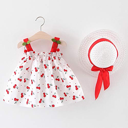 YWLINK NiñAs 2PC Verano Vestido Sin Mangas con Estampado De Cereza con Volantes Vestido De Princesa+Sombrero De Paja Lindo Ropa De NiñOs Muy Bonito Regalo(Rojo,2-3 Years/100/11/12)