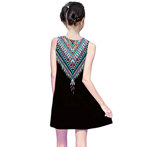 YWLINK Verano NiñAs Vestido, Mezcla De AlgodóN 3D Estampado Digital Falda Larga Vestido Barbacoa Al Aire Libre Camping Vestido Casual La Moda (Negro,8-9 años/150)