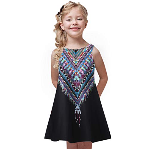 YWLINK Verano NiñAs Vestido, Mezcla De AlgodóN 3D Estampado Digital Falda Larga Vestido Barbacoa Al Aire Libre Camping Vestido Casual La Moda (Negro,8-9 años/150)
