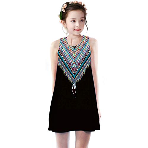 YWLINK Verano NiñAs Vestido, Mezcla De AlgodóN 3D Estampado Digital Falda Larga Vestido Barbacoa Al Aire Libre Camping Vestido Casual La Moda (Negro,8-9 años/150)