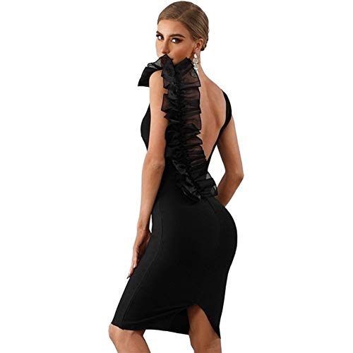 ZALE - Vestido negro para mujer con cuello en V con volantes de malla, sin espalda, para mujer, para baile, fiesta, temperamento, color negro, negro, Small