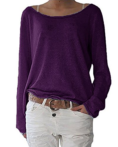 ZANZEA Mujer Camisetas Holgada Cardigan Manga Larga Suelta Blusa Jersey Pullover Casual Tops Púrpura M