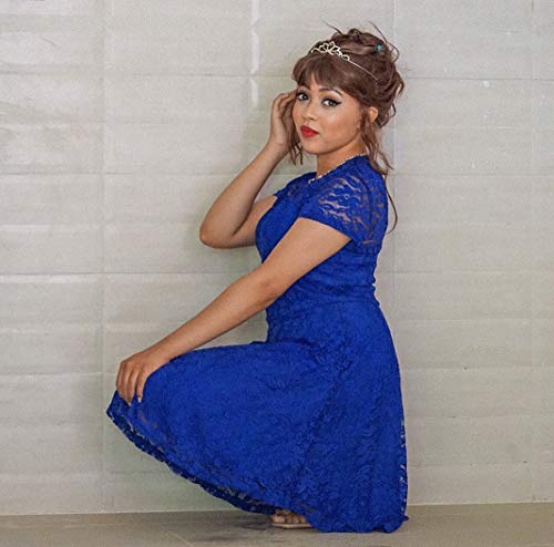 ZANZEA Mujer Vestidos de Fiesta Encaje Tallas Grandes Cuello Redondo Manga Corta Elegante Cóctel 01-Azul XXL